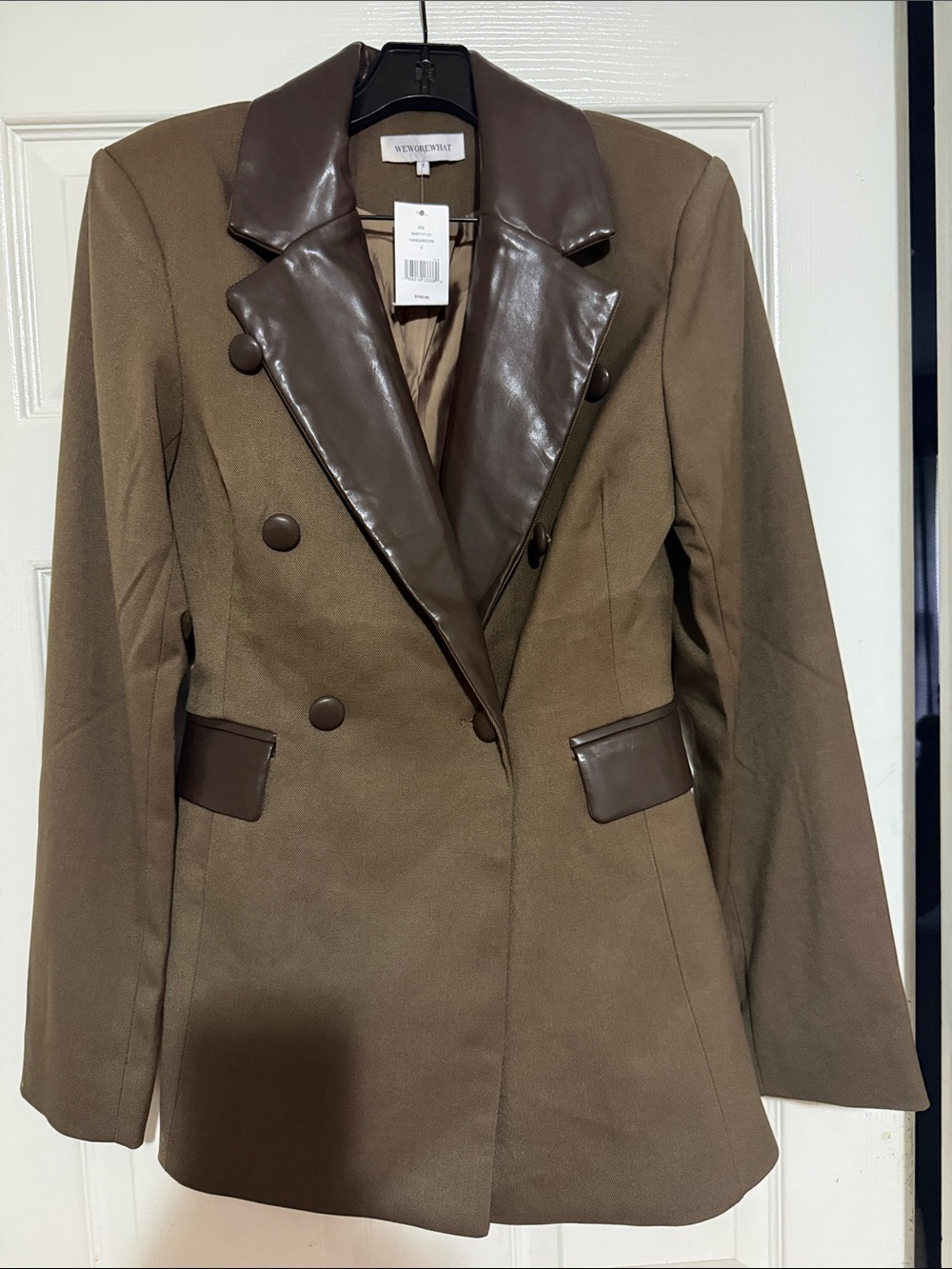 WeWoreWhat Brown Double-Breasted Blazer with Dark Brown Faux-Leather Trim